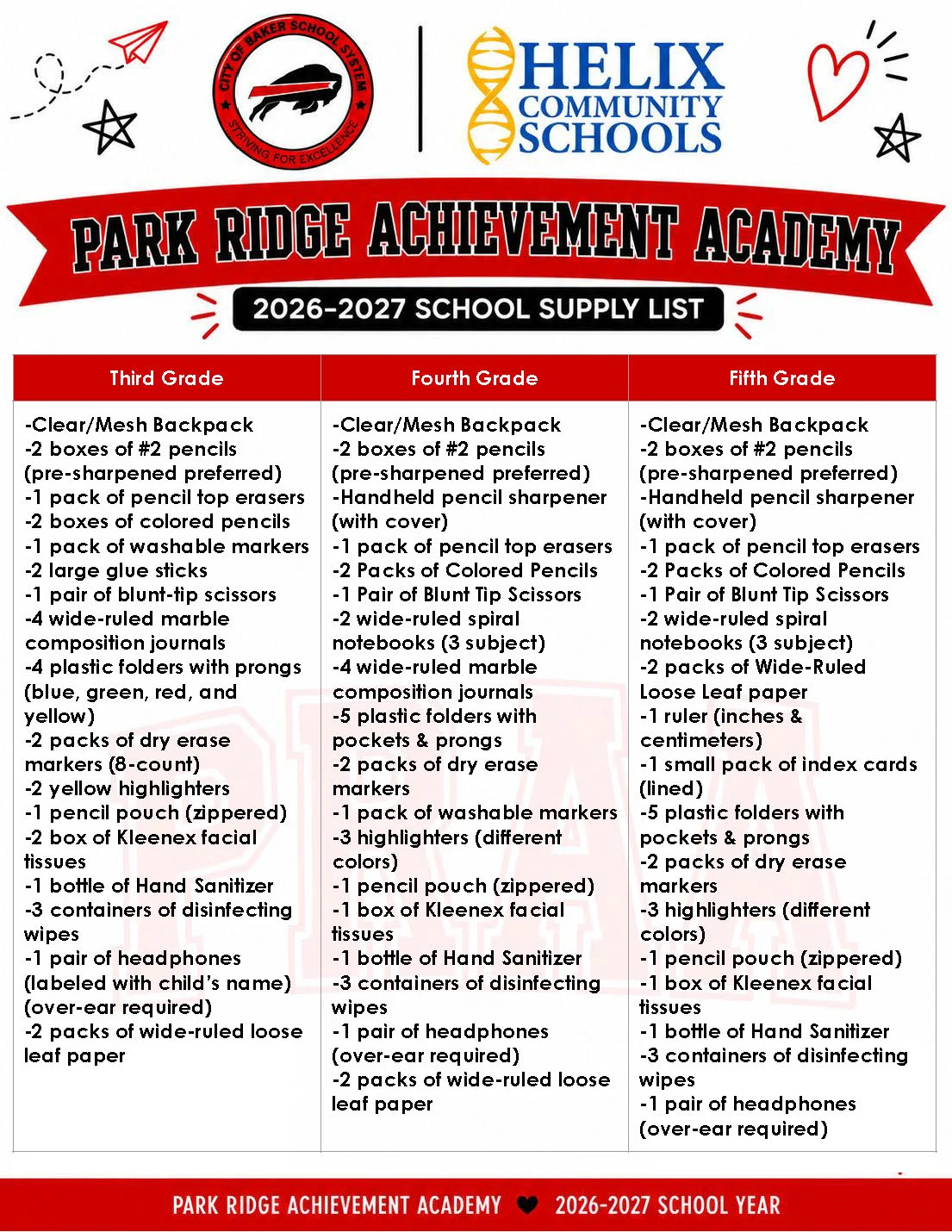 School Supply List for 3-5th grades